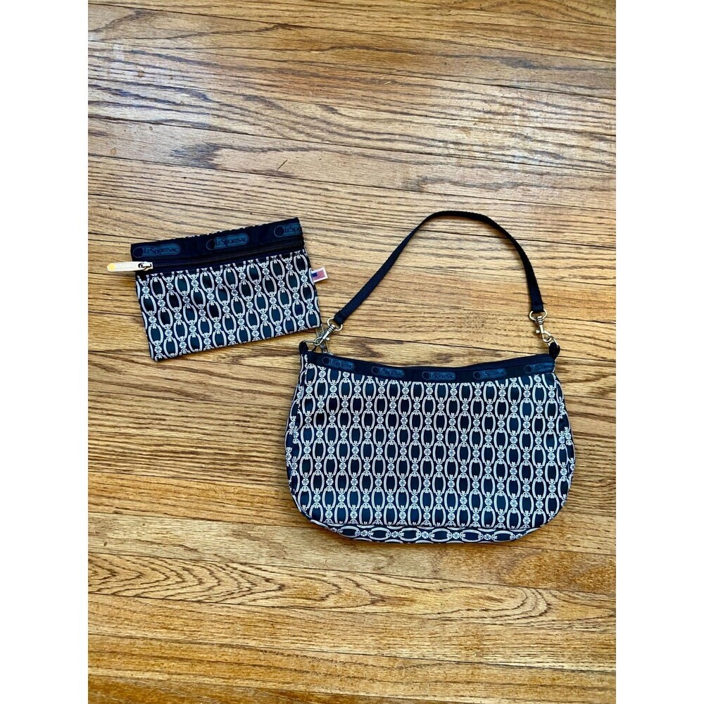 VTG LESPORTSAC Double Sided Hobo Bag Wallet Black Floral Chain Nylon SET 2000s